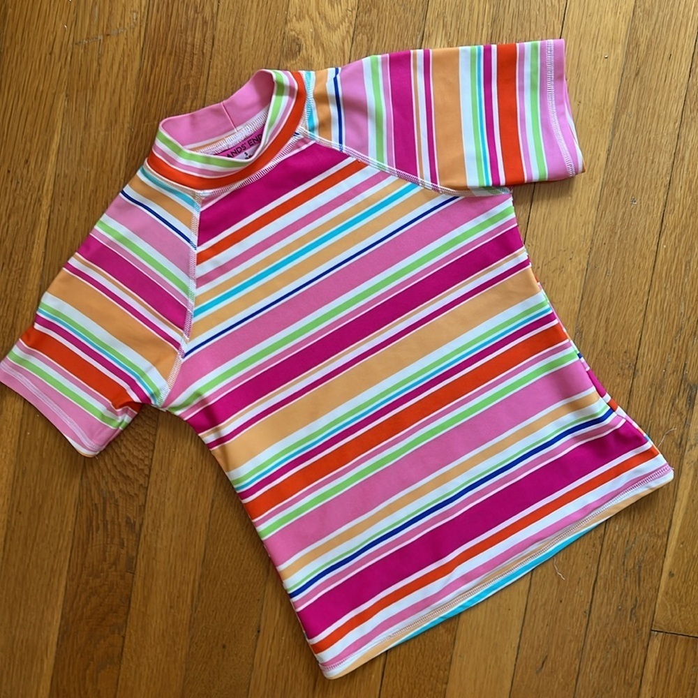 Land’s End 7 - 8 Slim Girls Short Sleeved Striped Rash Guard Swim Top Tee - Picture 4 of 12